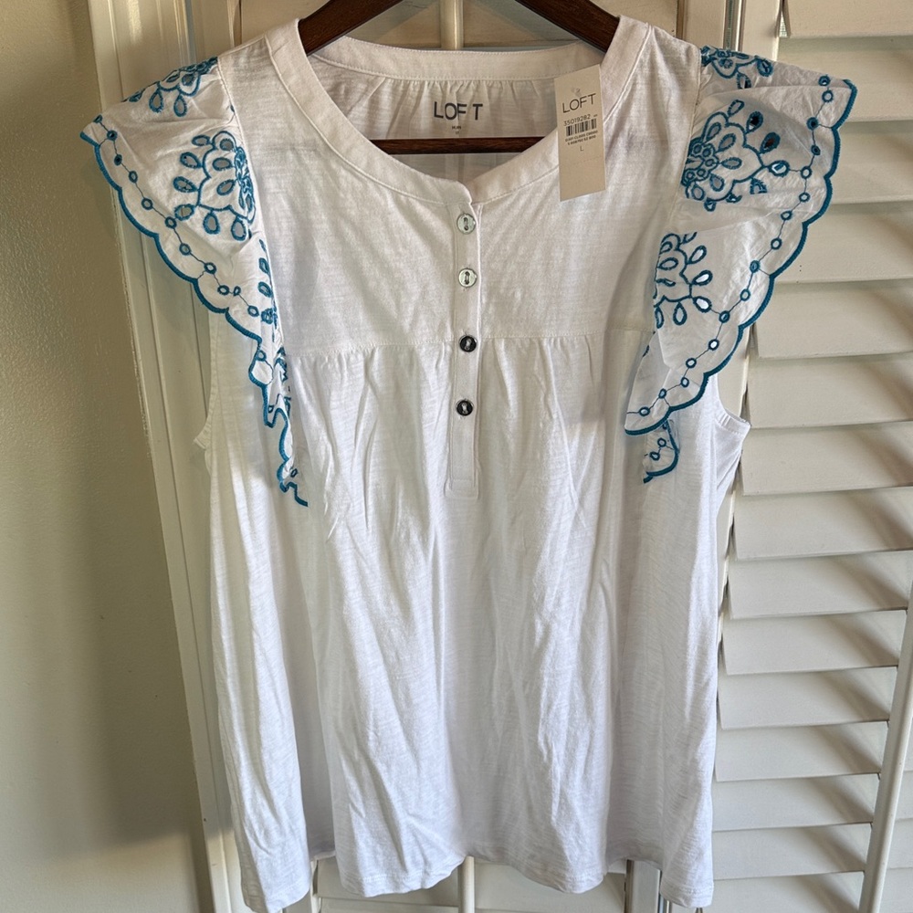 LOFT White Top with Blue Embroidered Accents